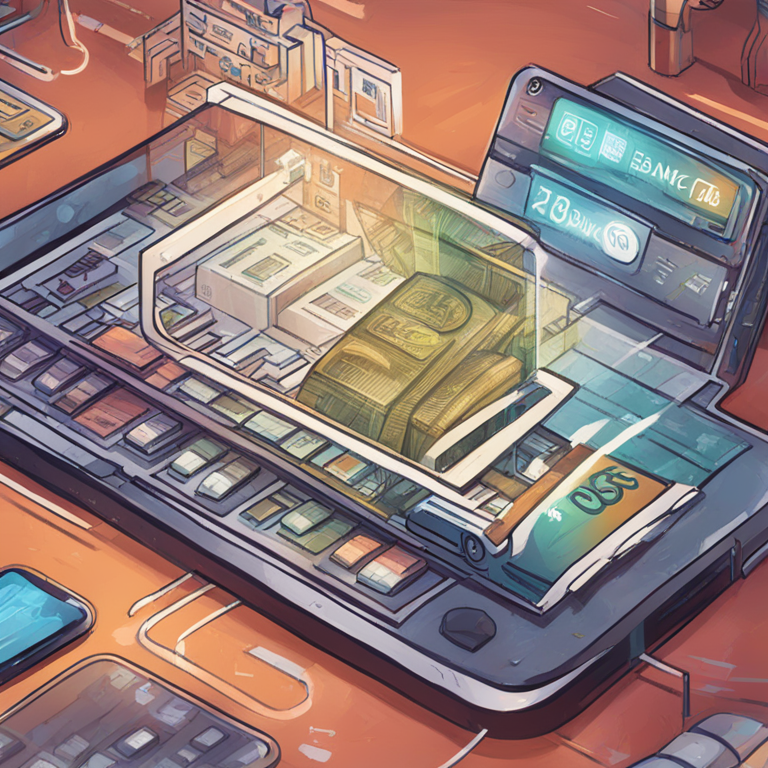 A hand-drawn digital illustration, depicting a bustling digital bank interface on an advanced smart device with abstract Brazilian cultural elements subtly integrated, Artstation HQ, digital art, magazine style, stable diffusion.