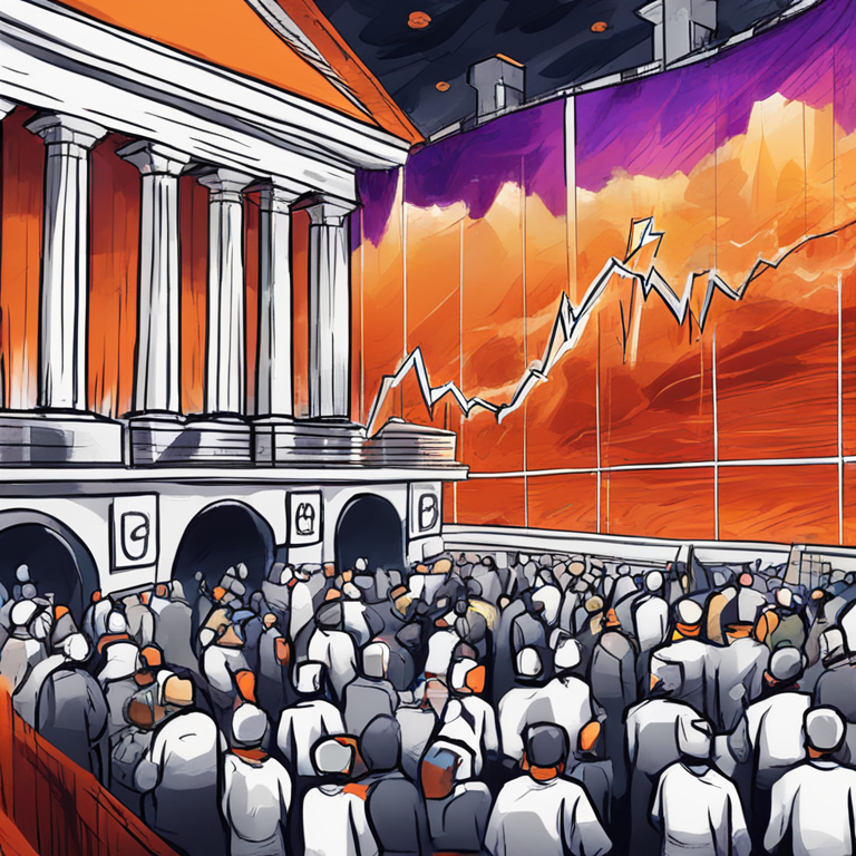 Hand-drawn digital illustration of a dramatic stock market exchange with Bitcoin symbols, Artstation HQ, digital art, trending colors, abstract finance battle.