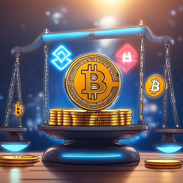 High-tech digital illustration of Bitcoin and cryptocurrency trading, showing Binance and Coinbase logos in a competitive balance scale, Artstation HQ, digital art.