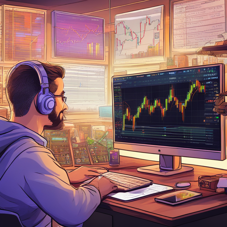 Investor analyzing various memecoins, hand-drawn digital illustration, vibrant trading charts, Artstation HQ, detailed crypto transactions, realistic meme-iconography, trending on Artstation, humor infused digital art scene