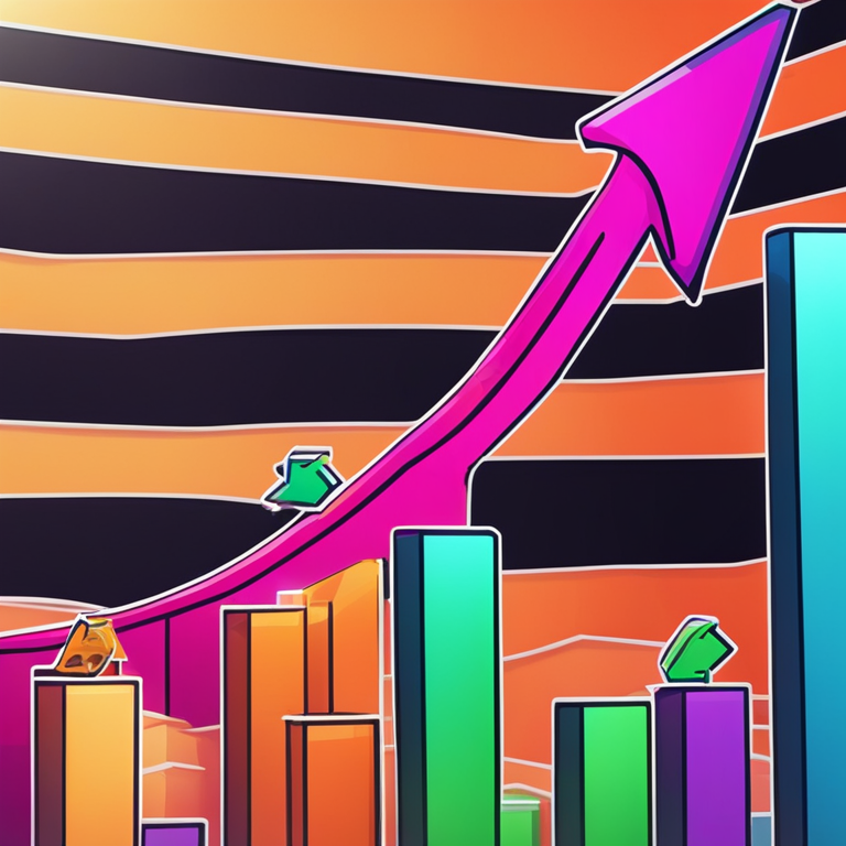 Bitcoin price trend illustrated with climbing charts and an upward arrow, Artstation HQ, digital art, brightly colored