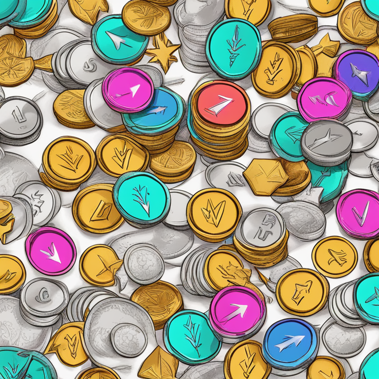 Hand-drawn digital illustration depicting meme coins with upward arrows, colorful and whimsical design, digital art, humorous style, trending on Artstation