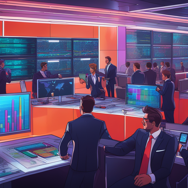 hand-drawn digital illustration, Artstation HQ, digital art, futuristic trading floor with digital screens displaying news, brokers in modern suits animatedly discussing, vibrant and vivid colors, trending on Artstation, sophisticated data visuals