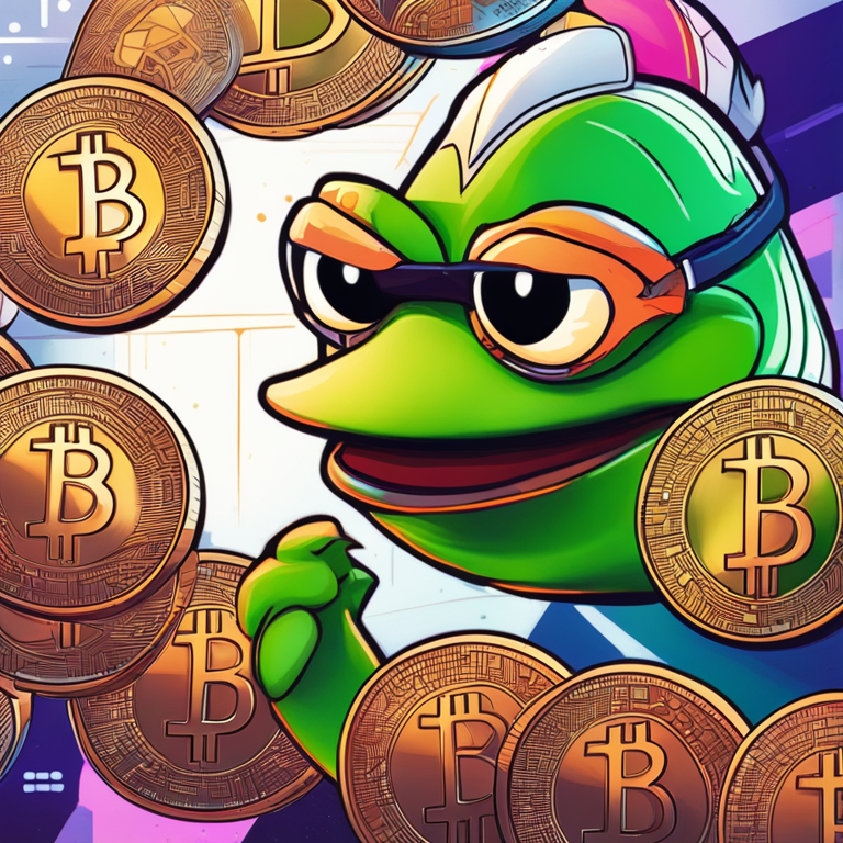 hand-drawn digital illustration, Artstation HQ, digital art, abstract representation of PEPE meme coin overtaking Bitcoin, Ethereum, and other meme coins, high-tech, futuristic elements, vibrant colors, modern design, trending on Artstation