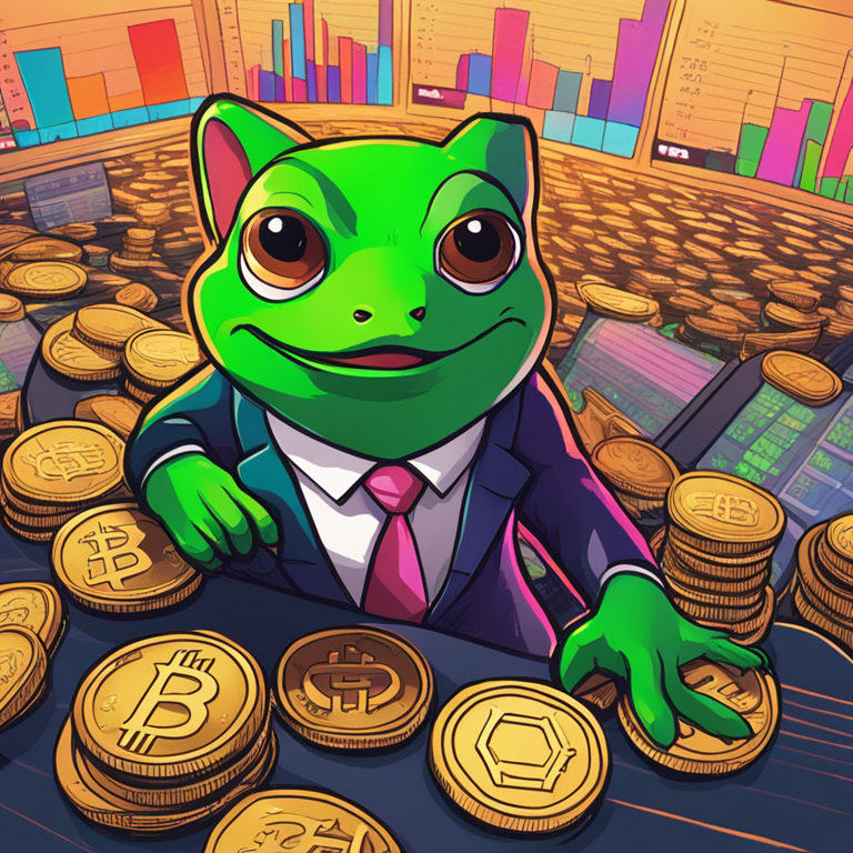 hand-drawn digital illustration, Artstation HQ, digital art, depicts PEPE (a fictional green frog mascot) leading a stock market rally with other meme coins like Dogecoin and Shiba Inu in the background, vibrant colors, trending on Artstation, humorous and dynamic scene, financial charts and arrows, soft lighting