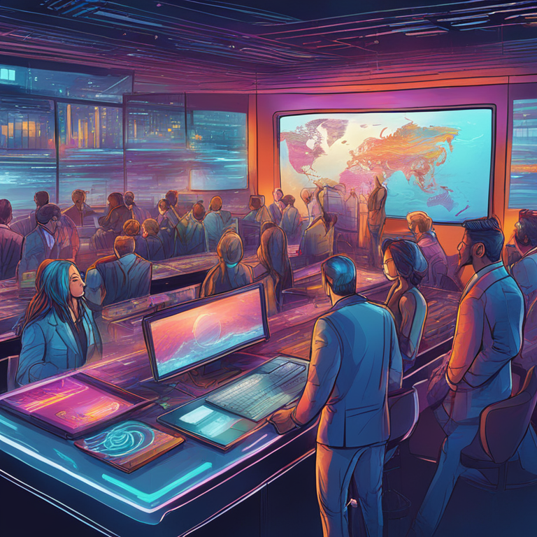 hand-drawn digital illustration of futuristic business collaboration, Artstation HQ, digital art, emphasizing synergy and innovation for fintech revolution in manufacturing and trading companies, detailed and vibrant colors