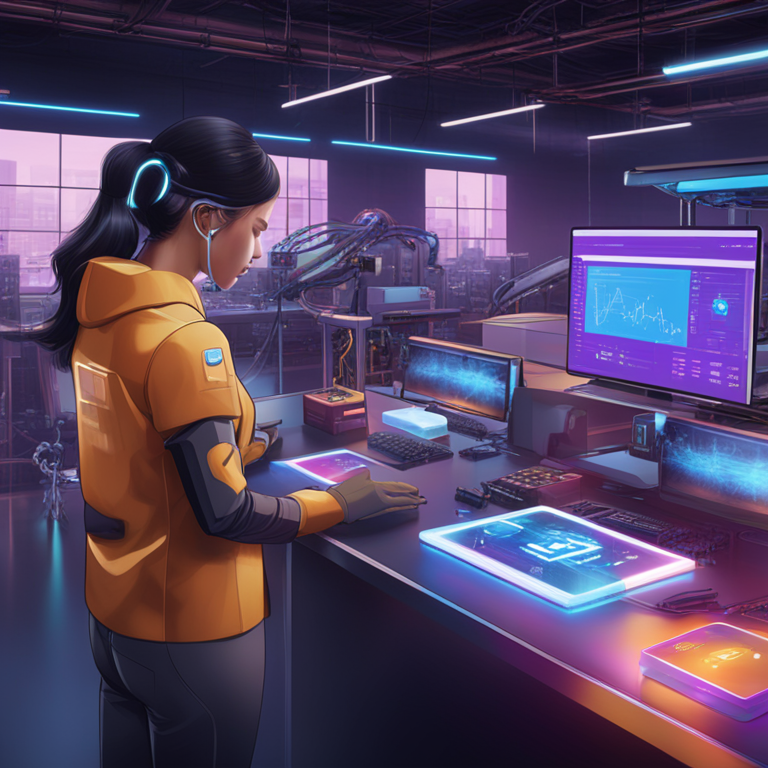 Digital illustration showcasing a futuristic manufacturing setup integrated with blockchain technology, Artstation HQ, vivid and modern digital art, collaboration between VeChain and Supply@ME