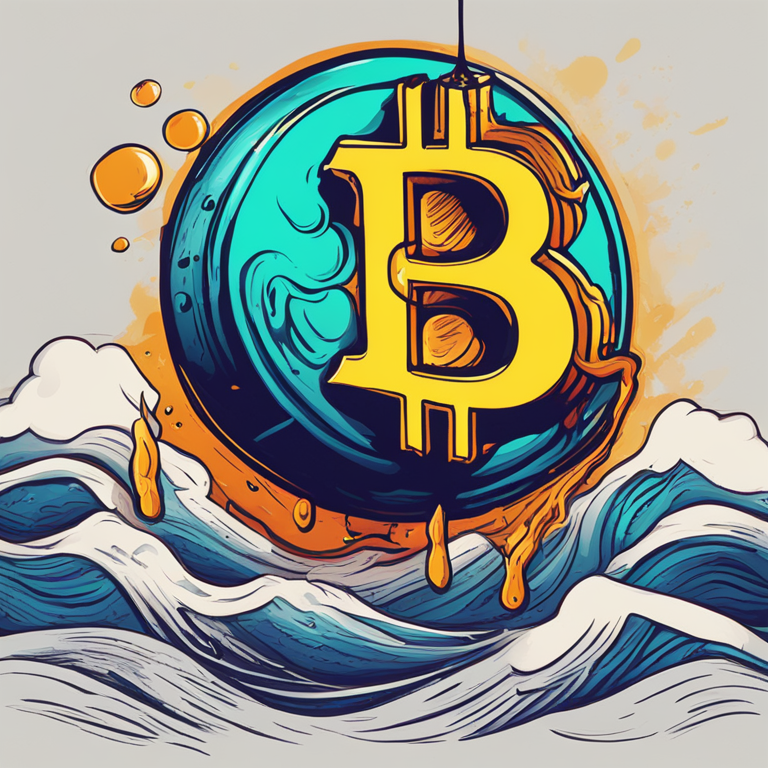 hand-drawn digital illustration of Bitcoin symbol suffering a drop, Artstation HQ, digital art, sinking ship, stormy sea, vibrant colors, trending on Artstation