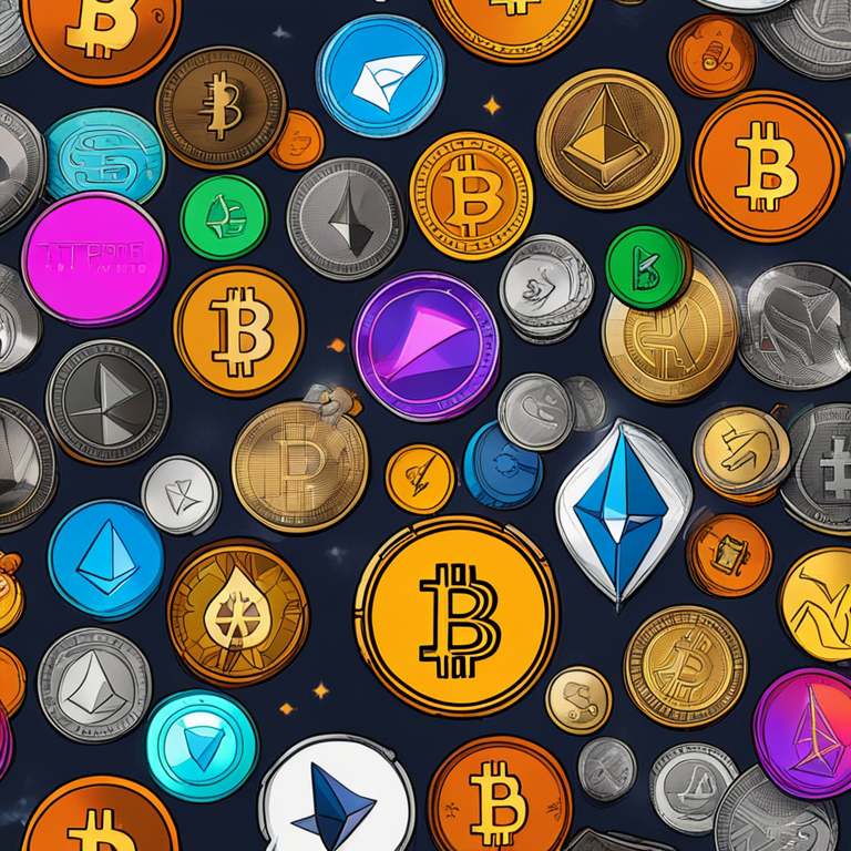 Hand-drawn digital illustration of various cryptocurrencies including Bitcoin, Ethereum and Pepe Coin, rendered in vibrant colors, Artstation HQ, trending on Artstation, digital art.