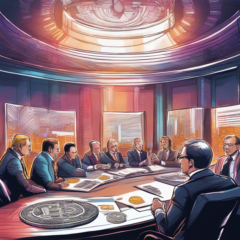 Hand-drawn digital illustration of central banks discussing digital currencies, Artstation HQ, vibrant and modern design, digital art, critical discussion, high-tech and financial theme.