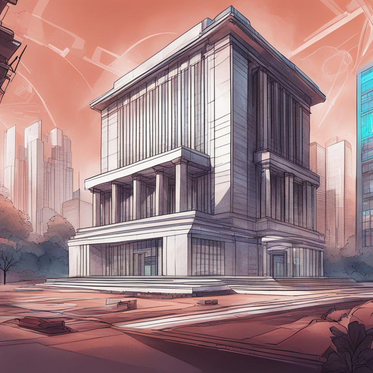 Hand-drawn digital illustration of a futuristic central bank embracing digital technology, modern design, Artstation HQ, digital art