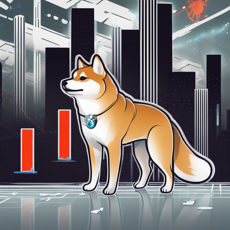 hand-drawn digital illustration, Artstation HQ, digital art, graph rising towards a target price of $0.000034 with Shiba Inu symbol, futuristic financial backdrop, abstract elements in the background.