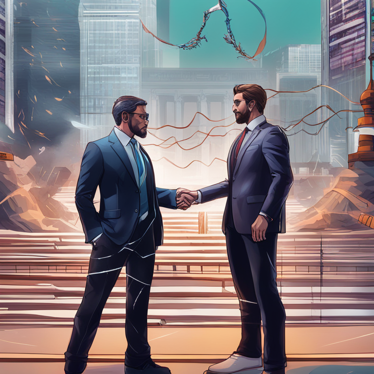 A complex legal battle visualized through a digital illustration, showcasing conflicting figures from SEC and Ripple, Artstation HQ, digital art