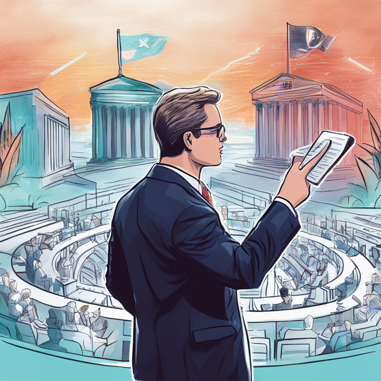 hand-drawn digital illustration of lawyer highlighting SEC and Ripple debate, Artstation HQ, digital art