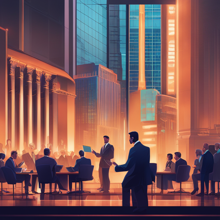 stylized digital illustration of institutional investors benefiting from legal decisions, Artstation HQ, digital art