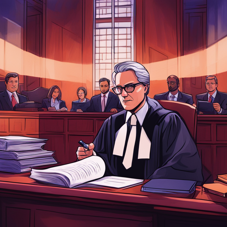 Hand-drawn digital illustration of a courtroom scene, featuring a judge, lawyers, and legal documents related to the Ripple and SEC case, Artstation HQ, digital art, modern abstract style, vivid colors, intense expressions, high detail, trendy magazine layout