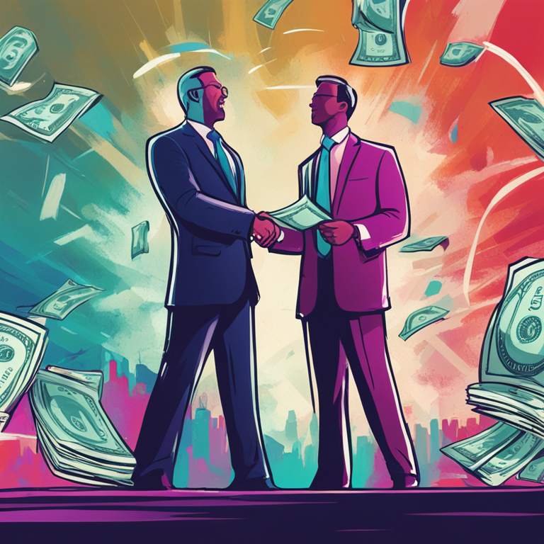 Abstract hand-drawn digital illustration depicting frustrated lawyers facing each other, large dollar signs floating above, institutional buyers shaking hands in the background, Artstation HQ, digital art, contemporary style, vibrant color scheme, high-energy expressions, trendy magazine format