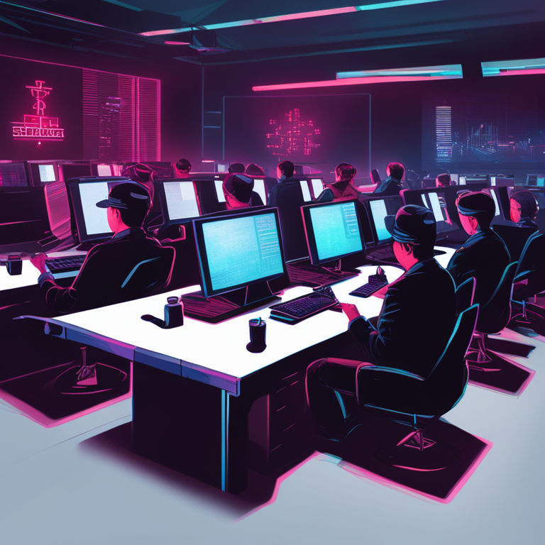 Stylized digital illustration of North Korean hackers manipulating digital currency, Artstation HQ, digital art, showing shadowy figures in front of multiple computer screens, tense atmosphere, dark shades with occasional neon glows