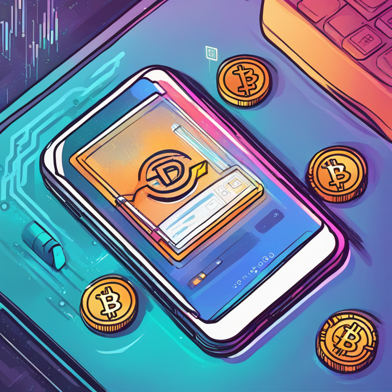 hand-drawn digital illustration of a smartphone displaying a cryptocurrency trading app with bonus notifications, trending on Artstation, digital art, modern, sleek design, vibrant, engaging user interface, high-tech, professional