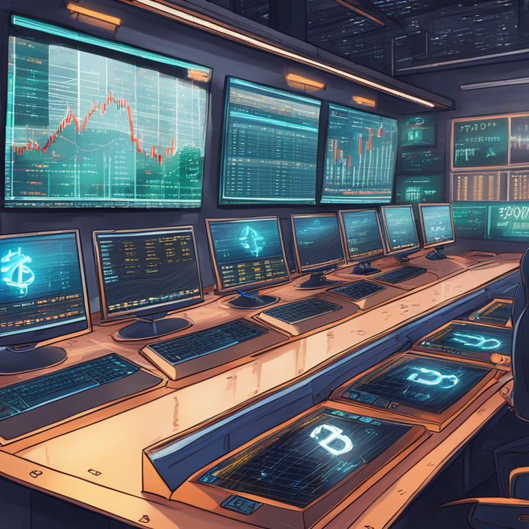 Hand-drawn digital illustration of Bitcoins with market indicators, set in a futuristic trading environment, Artstation HQ, digital art