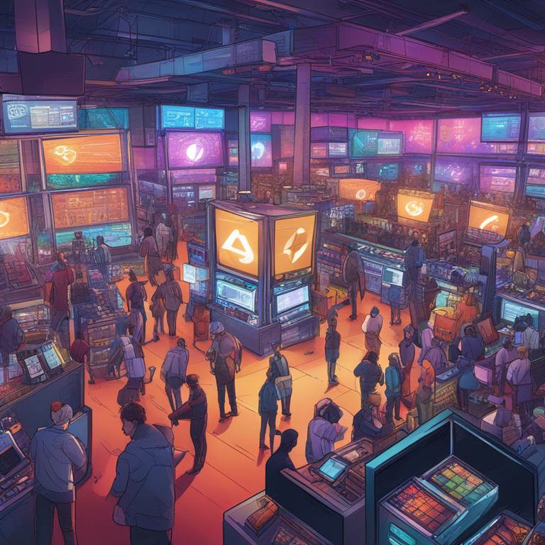 Illustration of a bustling crypto market interpreted in digital art style, hand-drawn, detailed, vibrant colors, reflecting the buzz and energy surrounding digital assets, Artstation HQ, high-tech background