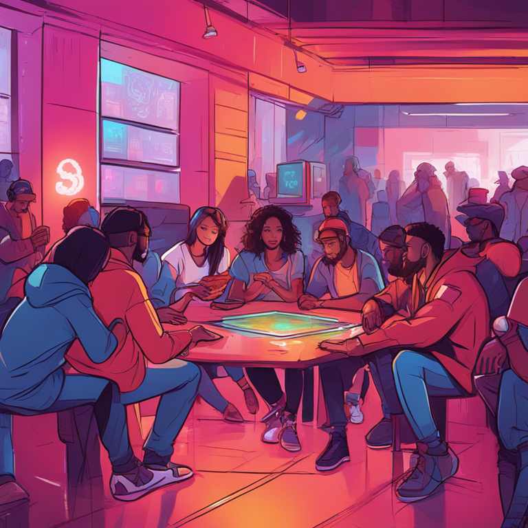 Hand-drawn illustration of digital assets community, diverse group engaging in discussions, vibrant and dynamic, digital art style, Artstation HQ, futuristic market ambiance