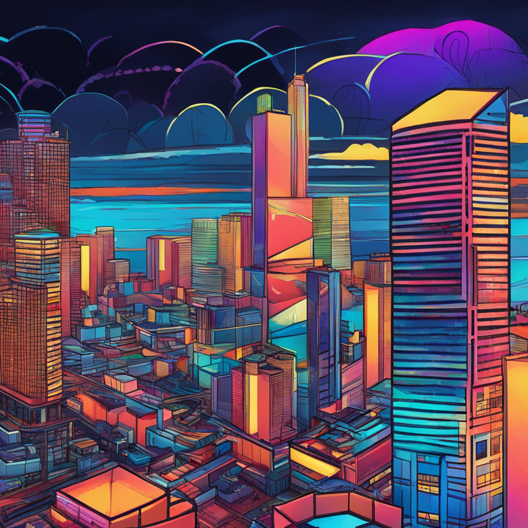 hand-drawn digital illustration, Artstation HQ, digital art, depicting blockchain solutions and urban development in the Philippines, modern abstract style, detailed, vibrant colors, digital illustration