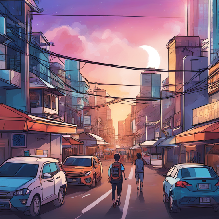 Hand-drawn digital illustration demonstrating blockchain technology transforming daily life in the Philippines, vibrant digital art style on Artstation, focusing on futuristic city interactions