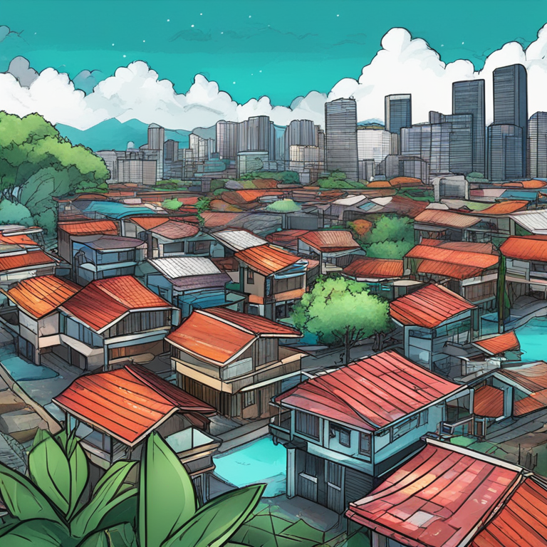 Hand-drawn digital illustration of Philippine urban landscape showing blockchain applications in land titles, vibrant and modern digital art, inspired by Artstation trends