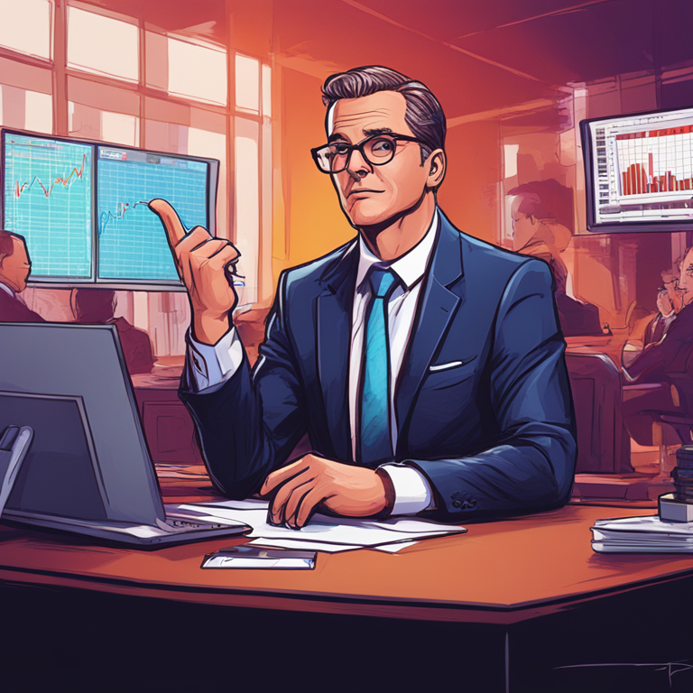 hand-drawn digital illustration, Artstation HQ, digital art, caricature of financial analyst giving skeptical advice, stock market talk show, dynamic and colorful