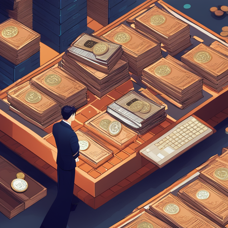 digital illustration showcasing South Korean tax officers with confiscated assets, Artstation HQ, intricate and modern style, abstract background with coins and ledgers stacked, clean and professional, rich color palette, digital art