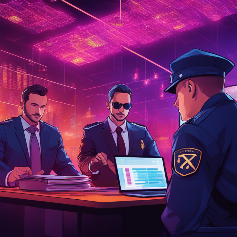 digital illustration showing an intense scene of tax enforcement with NTS officers and digital patterns representing blockchain and cryptocurrency, Artstation HQ, dramatic lighting, detailed and vibrant colors, abstract financial symbols, trending magazine style