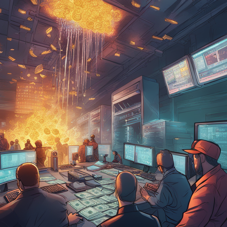 Sonne Finance protocol getting hacked, hand-drawn digital illustration, Artstation HQ, digital art, showing a vault being broken into, currency pouring out, people in panic, tech-heavy background, detailed, vibrant colors, high resolution, trending on Artstation