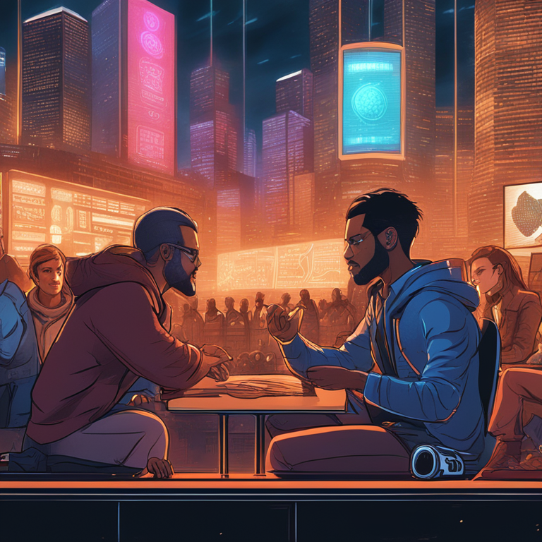 Community members discussing crypto hacks, hand-drawn digital illustration, Artstation HQ, digital art, tight-knit group debating, text bubbles around, glowing screens, intense expressions, highly detailed, vibrant cityscape in the background, trending on Artstation