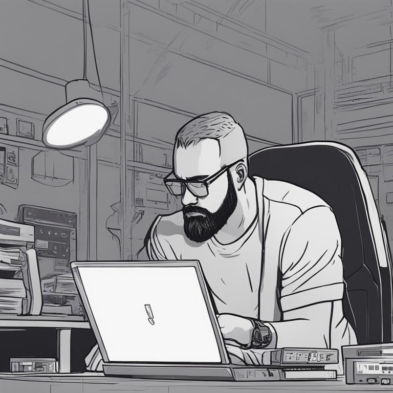 Hand-drawn digital illustration of disappointed tech enthusiast looking at a computer screen, Artstation HQ, digital art