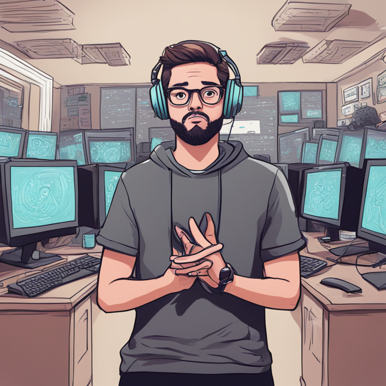 Hand-drawn digital illustration of a confused tech enthusiast shrugging shoulders, surrounded by memes, Artstation HQ, digital art