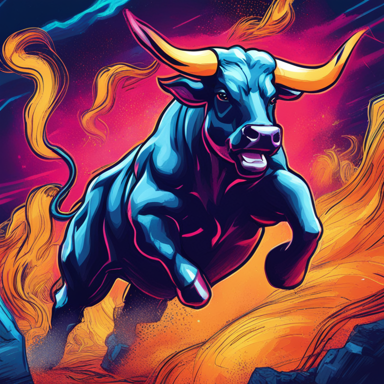 Hand-drawn digital illustration of Bitcoin's projected price increase, digital art, strong bull leading the charge, vibrant colors, Artstation HQ, trending magazine publication style