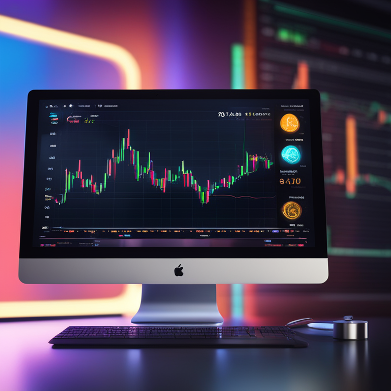 a sleek, ultra-thin, modern monitor displaying cryptocurrency charts, realistic, vibrant colors, detailed, glossy finish, floating design, digital illustration, trending on Artstation, high-tech background, crisp reflection on screen