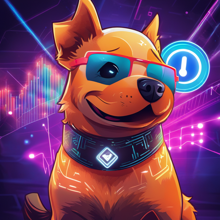 a dynamic digital illustration of a memecoin represented by a cute, stylized dog character with rising financial charts in the background, vibrant colors, glossy finish, detailed design, digital art, trending on Artstation, energetic vibe