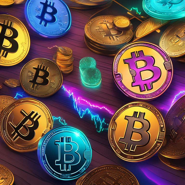 A vibrant digital illustration showcasing Bitcoin and Floki coins in a bullish market trend, Artstation HQ, digital art, trending on Artstation