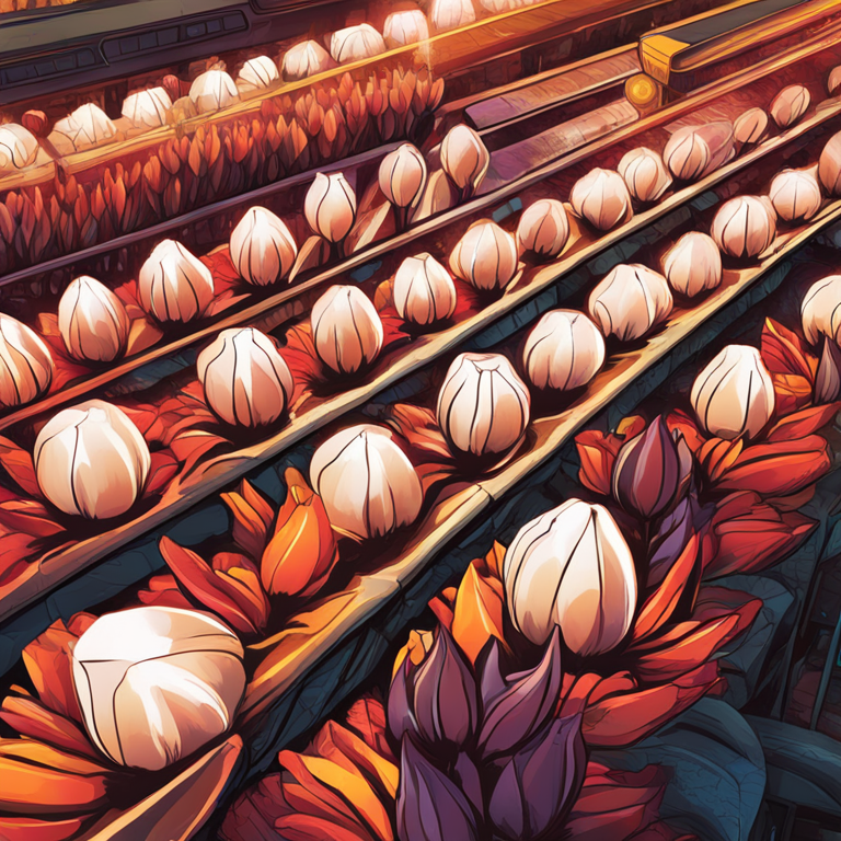 Abstract digital illustration of tulip bulbs, Bitcoin, and Ethereum symbols in a bustling market scene, Artstation HQ, digital art, trending magazine style, vibrant and dynamic, high detail, mix of historical and futuristic elements.