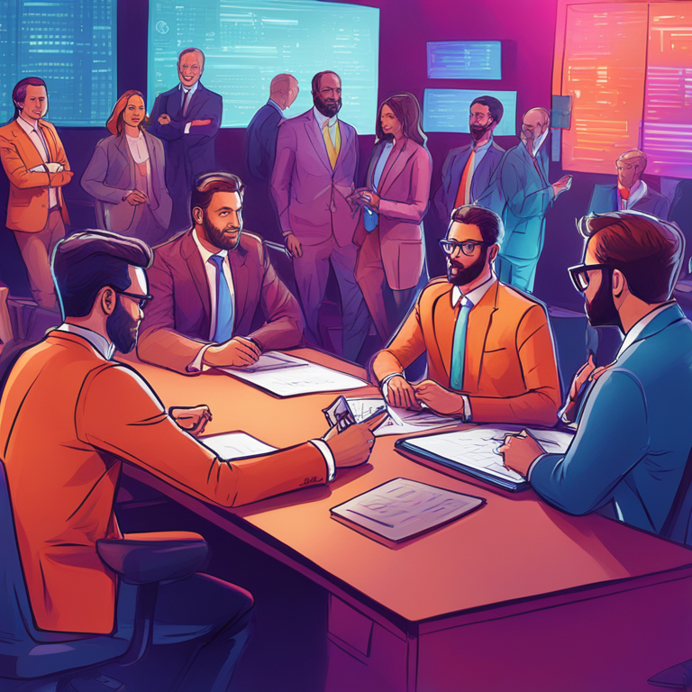 colorful digital illustration of various financial experts discussing crypto ETFs, hand-drawn digital illustration, Artstation HQ, digital art