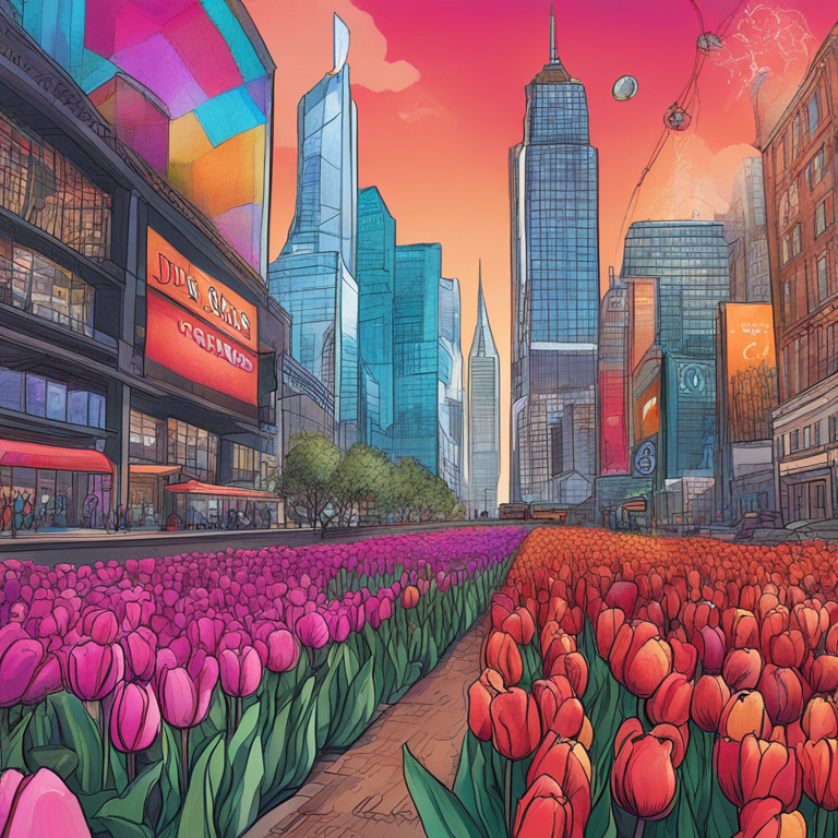 hand-drawn digital illustration of diverse financial market stages, including tulip mania, dotcom bubble, and crypto ETFs, Artstation HQ, digital art, high detailing, vivid colors, stylish magazine cover