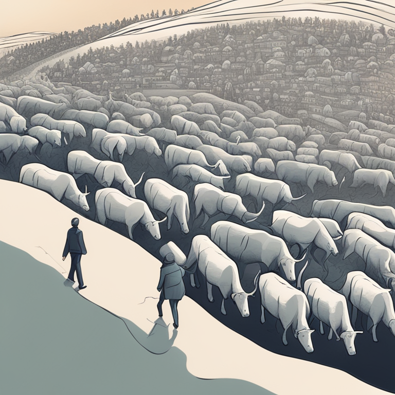 whimsical digital illustration of a herd of people following a Bitcoin symbol through a futuristic financial landscape, hand-drawn digital illustration, Artstation HQ, digital art