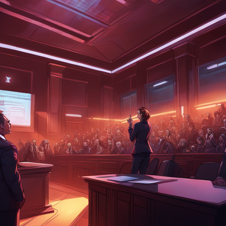 hand-drawn digital illustration, Artstation HQ, digital art of futuristic courtroom drama with Ripple Labs vs. SEC, intense atmosphere, detailed characters, vibrant lighting, trending on Artstation, conceptual, illustrative with elements of tension