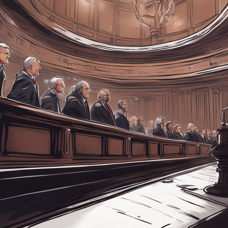 Hand-drawn digital illustration of a legal battle stage, with lawyers and judges on both sides, intense atmosphere, Artstation HQ, high-quality digital art