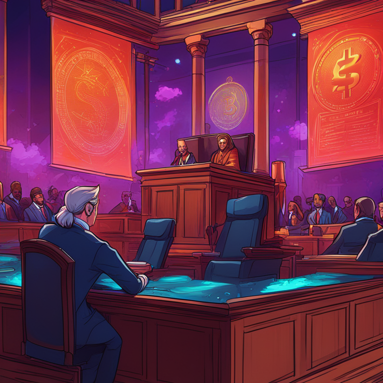 hand-drawn digital illustration, Artstation HQ, digital art, courtroom scene with judge and cryptocurrency symbols, detailed, vibrant colors, abstract legal battles, trending on Artstation, professional illustration of legal influences on crypto market