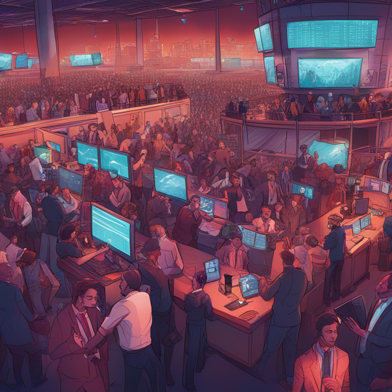 Hand-drawn digital illustration, Artstation HQ, digital art, depicting a bustling stock market scene, with traders reacting to a sudden trading halt, vibrant colors, busy atmosphere, modern financial setting