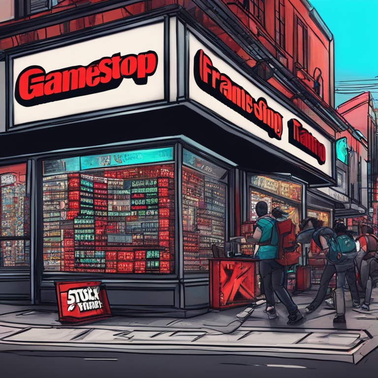 artistic digital rendering of frantic stock trading with GameStop and AMC logos, hand-drawn digital illustration, trending on Artstation, vibrant scene