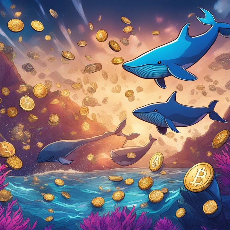 hand-drawn digital illustration of cryptocurrency whales, Artstation HQ, digital art, Ethereum, large wallet transactions, coin accumulation, detailed, underwater scene, vibrant colors, modern, high-tech, financial movement, blockchain technology